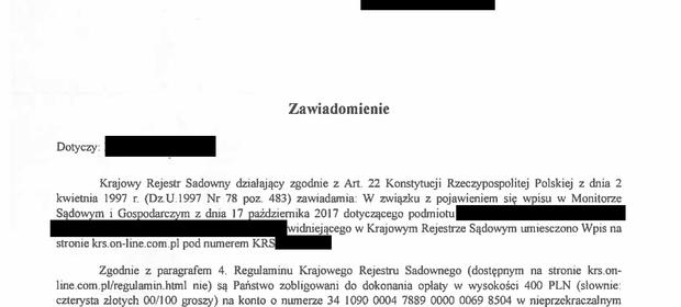 Zasłoniliśmy dane adresata. To właśnie to pismo przekazał naszej redacji zaniepokojony przedsiębiorca
